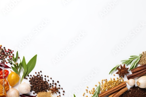 Fototapeta Naklejka Na Ścianę i Meble -  Spices and herbs on a white background. Food and cuisine ingredients, Herbs and spices selection on white background with copy space for text, AI Generated