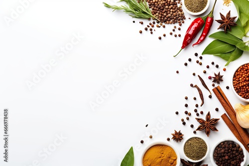 Spices and herbs on white background. Food and cuisine ingredients, Herbs and spices selection on white background with copy space for text, AI Generated
