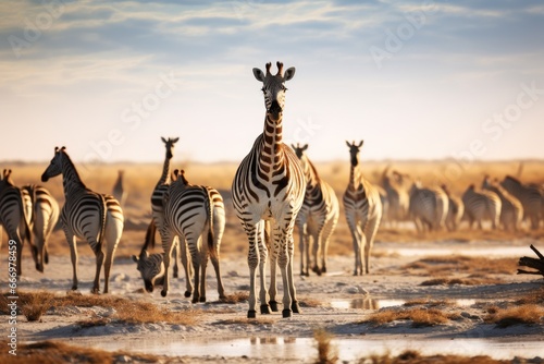 Group of zebras in Etosha National Park  Namibia  Herd of giraffes and zebras in Etosha National Park  Namibia  AI Generated