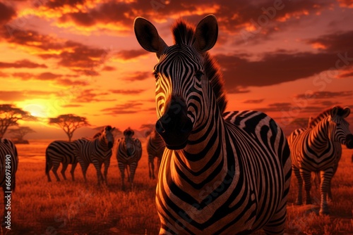 Zebra in the savannah at sunset. 3D illustration, Herd of zebras in the savannah at sunset, AI Generated