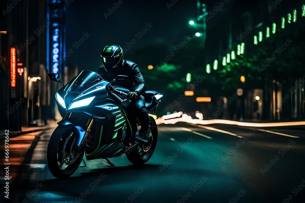 Sleek Kawasaki Ninja H2R, vibrant matte black, roaring in the neon-lit city at night, dramatic lighting, high-speed motion blur, cyberpunk style