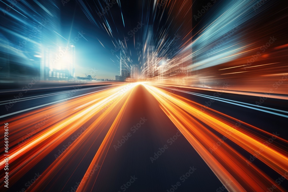 moving car with blur light through city at night, motion blur background, High speed road with motion blur to create vision of fast speed transfer, AI Generated
