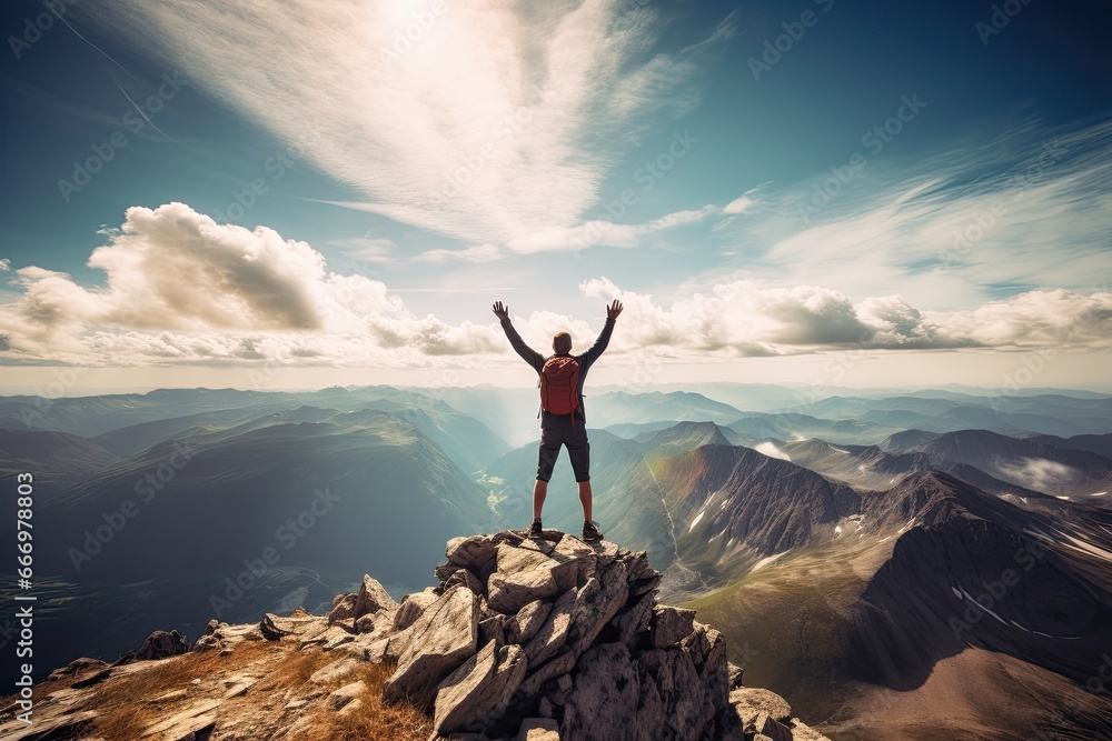 Hiker standing on top of a mountain and raising his hands up, Hiker celebrating success on the top of a mountain, Full rear view, high hands over head, AI Generated