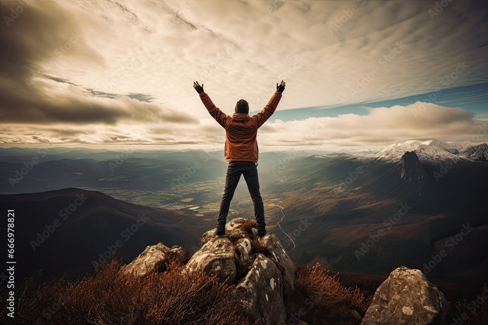 Man on top of the mountain raised hands up. Freedom and success concept, Hiker celebrating success on the top of a mountain, Full rear view, high hands over head, AI Generated