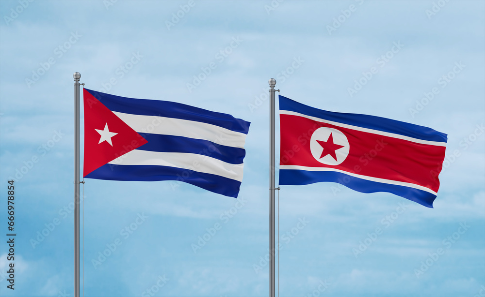 North Korea and Cuba flags, country relationship concept