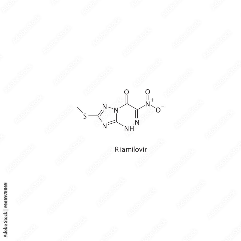Riamilovir flat skeletal molecular structure RNA polymerase inhibitor antiviral drug used in Influenza treatment. Vector illustration scientific diagram. Riamilovir flat skeletal molecular structure RNA polymerase inhibitor antiviral drug used in Influenza treatment. Vector illustration scientific diagram.