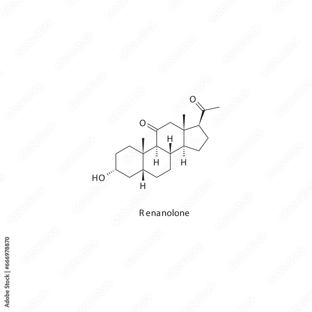 Renanolone flat skeletal molecular structure Neurosteroid drug used in Sedation (Hypnotic, sedative agent) treatment. Vector illustration scientific diagram. Renanolone flat skeletal molecular structure Neurosteroid drug used in Sedation (Hypnotic, sedative agent) treatment. Vector illustration scientific diagram.