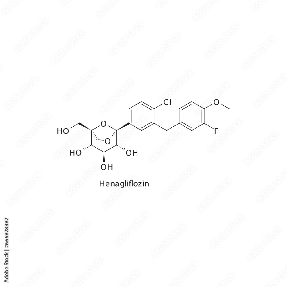 Henagliflozin flat skeletal molecular structure SGLT2 inhibitor drug used in Type 2 diabetes treatment. Vector illustration scientific diagram. Henagliflozin flat skeletal molecular structure SGLT2 inhibitor drug used in Type 2 diabetes treatment. Vector illustration scientific diagram.