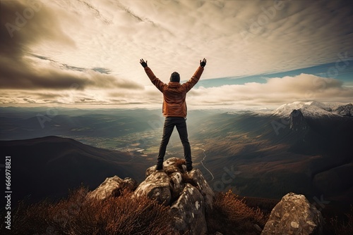 Man on top of the mountain raised hands up. Freedom and success concept, Hiker celebrating success on the top of a mountain, Full rear view, high hands over head, AI Generated