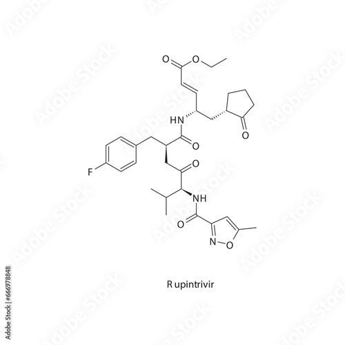 Rupintrivir  flat skeletal molecular structure Protease inhibitor antivral, 3CL drug used in COVID 19 treatment. Vector illustration scientific diagram.