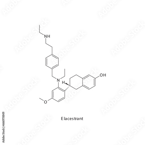 Elacestrant flat skeletal molecular structure Antiestrogen drug used in Breast cancer treatment. Vector illustration scientific diagram.