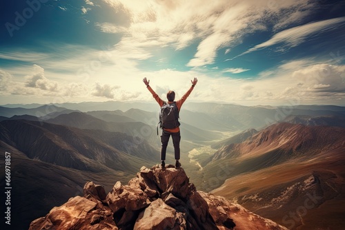 Hiker with backpack standing on top of a mountain and enjoying the view, Hiker celebrating success on the top of a mountain, Full rear view, high hands over head, AI Generated