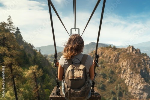 Young woman on a swing in the mountains. The girl is looking at the landscape, Hiker woman riding a trolley zipline on the mountain, rear view, no visible faces, AI Generated