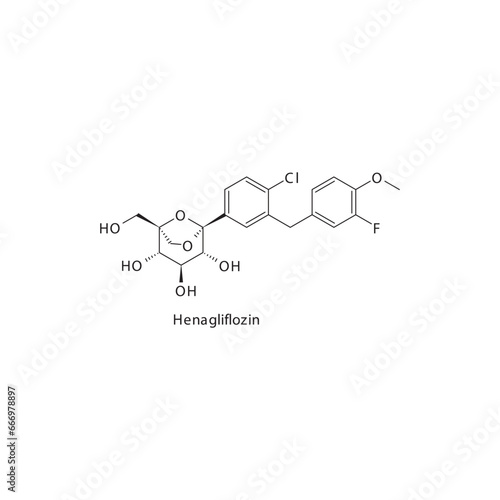 Henagliflozin flat skeletal molecular structure SGLT2 inhibitor drug used in Type 2 diabetes treatment. Vector illustration scientific diagram.
