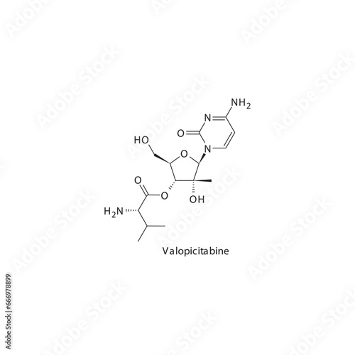 Valopicitabine flat skeletal molecular structure RNA polymerase inhibitor antiviral drug used in Hepatitis C treatment. Vector illustration scientific diagram.