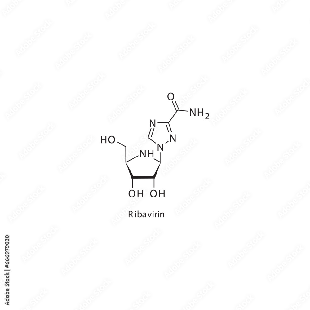 Ribavirin flat skeletal molecular structure RNA polymerase inhibitor antiviral drug used in Hepatitis C treatment. Vector illustration scientific diagram. Ribavirin flat skeletal molecular structure RNA polymerase inhibitor antiviral drug used in Hepatitis C treatment. Vector illustration scientific diagram.