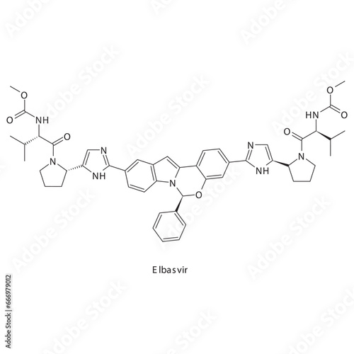 Elbasvir  flat skeletal molecular structure Protease inhibitor antivral, NS5A drug used in Hepatitis C treatment. Vector illustration scientific diagram.