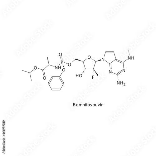 Bemnifosbuvir flat skeletal molecular structure Protease inhibitor antivral, NS5B drug used in Hepatitis C treatment. Vector illustration scientific diagram.