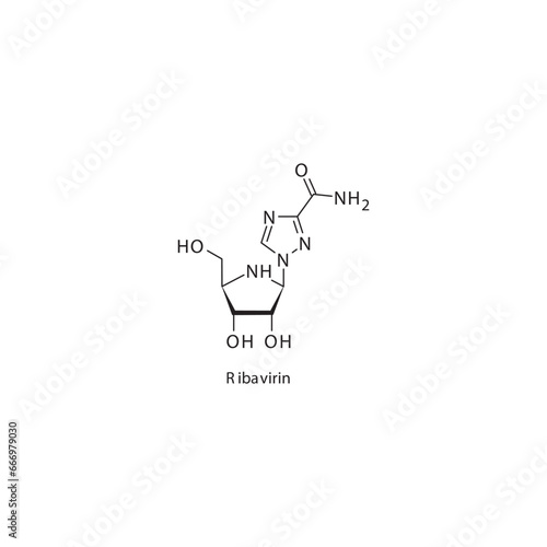 Ribavirin flat skeletal molecular structure RNA polymerase inhibitor antiviral drug used in Hepatitis C treatment. Vector illustration scientific diagram.