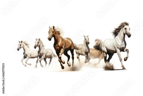 Horses running isolated on white background. 3D illustration. 3D rendering  Horses running in different positions on a white background  side view  AI Generated
