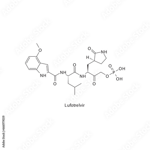 Lufotrelvir  flat skeletal molecular structure Protease inhibitor antivral, 3CL drug used in COVID 19 treatment. Vector illustration scientific diagram.