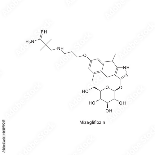 Mizagliflozin flat skeletal molecular structure SGLT2 inhibitor drug used in Type 2 diabetes treatment. Vector illustration scientific diagram.