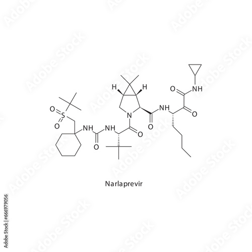 Narlaprevir  flat skeletal molecular structure Protease inhibitor antivral, NS3 4A drug used in Hepatitis C treatment. Vector illustration scientific diagram.