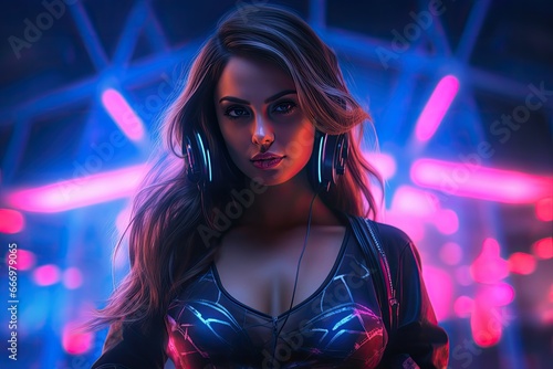 Portrait of a beautiful young woman in neon lights. Night club, Hot girl DJ in neon lights. Poster of sexy TDJ at the night club party, AI Generated