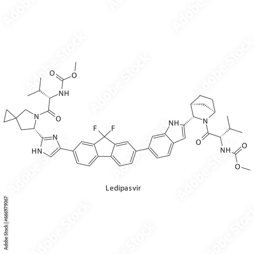 Ledipasvir  flat skeletal molecular structure Protease inhibitor antivral, NS5A drug used in Hepatitis C treatment. Vector illustration scientific diagram.