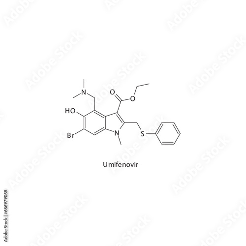 Umifenovir flat skeletal molecular structure Anti influenza antiviral drug used in Influenza treatment. Vector illustration scientific diagram.