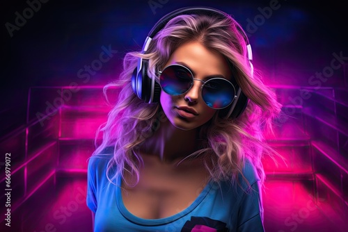 Beautiful young woman with headphones listening to music. Disco club, Hot girl DJ in neon lights. Poster of sexy TDJ at the night club party, AI Generated