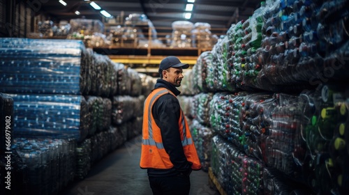 Rear view of male warehouse worker standing in front of shelves full of plastic waste. Recycling. Waste Processing. Industry Plant for processing plastic. Recycling Concept. Copy Space.