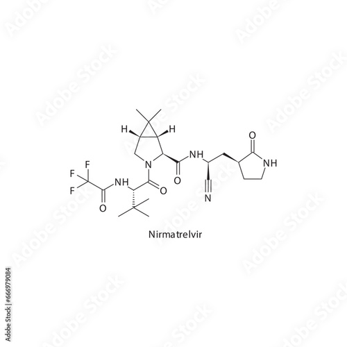 Nirmatrelvir  flat skeletal molecular structure Protease inhibitor antivral, 3CL drug used in COVID 19 treatment. Vector illustration scientific diagram.