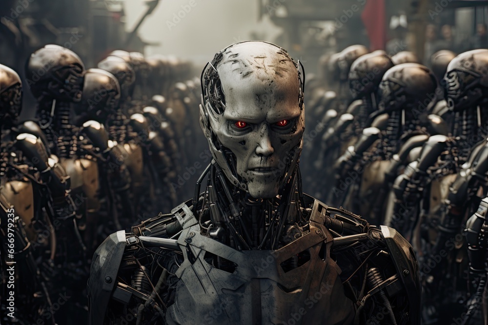 Portrait of a scary robot in the dark. 3D rendering, Humanity's Last Stand: A masked human leader defiantly leads the final resistance against overwhelming AI robots, AI Generated