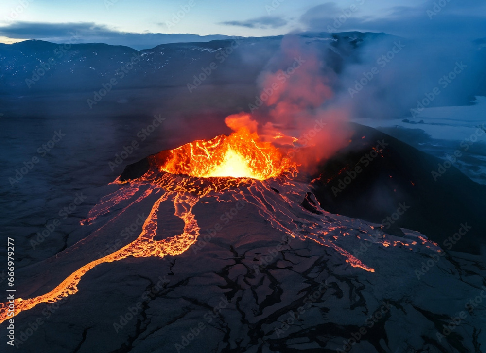 Volcano eruption in Iceland at night, bird's eye view