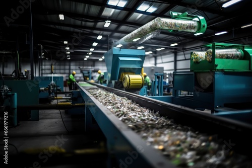 Recycling. Waste Processing. Industry Plant for processing plastic. Plastic on conveyor belt. Conveyor assembly line with garbage bottles and packaging. Recycling Concept. Copy Space.