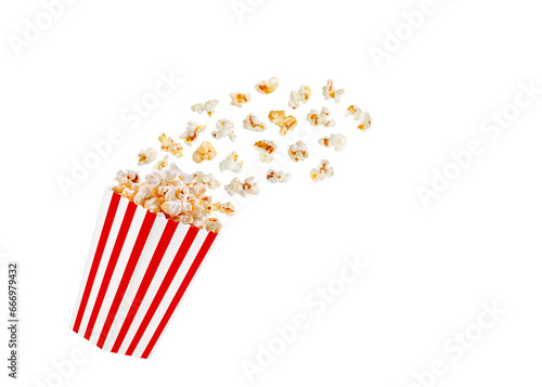 box red with popcorn in flight on a white transparent background close-up