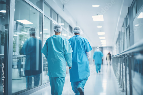 Medical workers walk along a hospital corridor. Doctors and healthcare specialists in personal protective equipment take care of patients, fight infection during a pandemic, using sterile clothes.