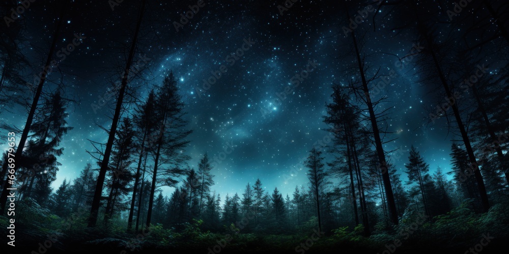 night sky in forest, view of star on night sky through tree brunches. AI Generative