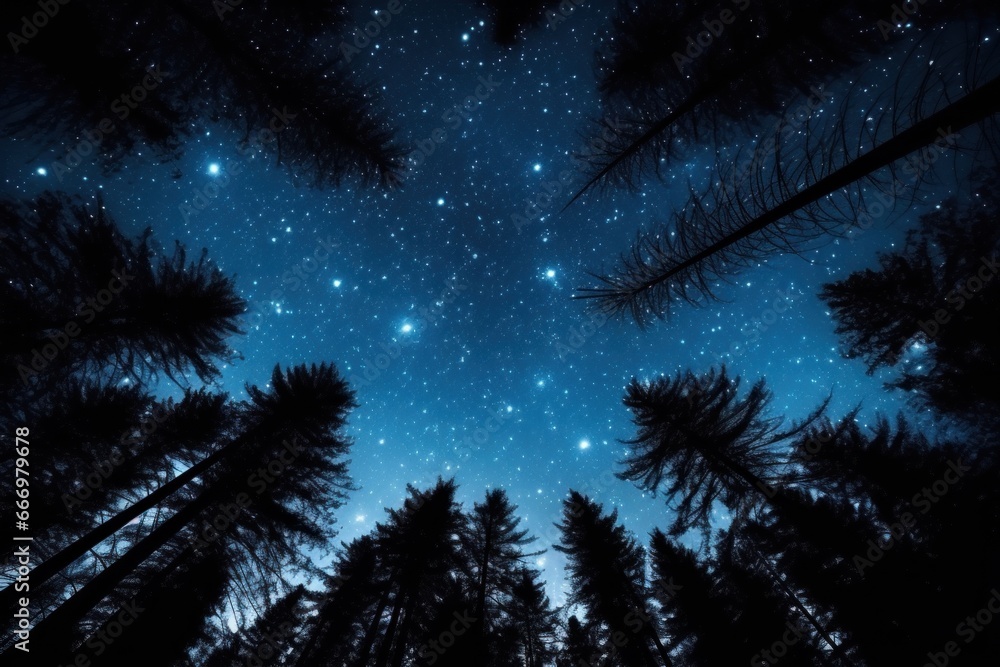 night sky in forest, view of star on night sky through tree brunches. AI Generative night sky in forest, view of star on night sky through tree brunches. AI Generative