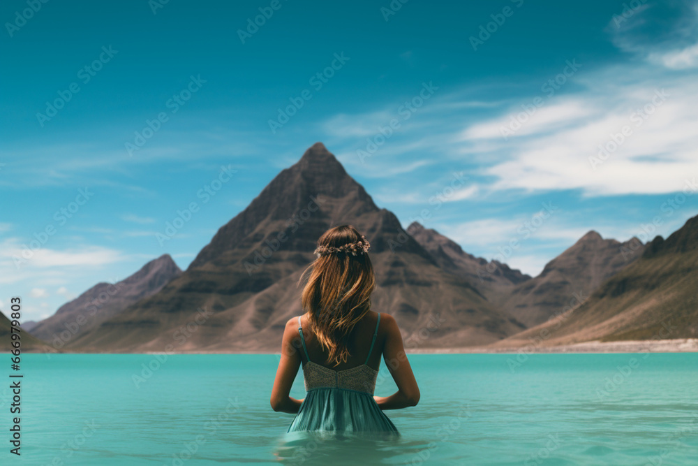 distant view of Woman looking at a mountain and turquoise lagoon, diatnt view, aesthetic look