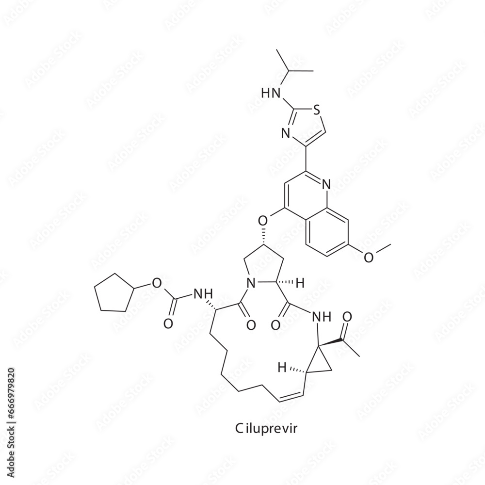 Ciluprevir flat skeletal molecular structure Protease inhibitor antivral, NS3 4A drug used in Hepatitis C treatment. Vector illustration scientific diagram.