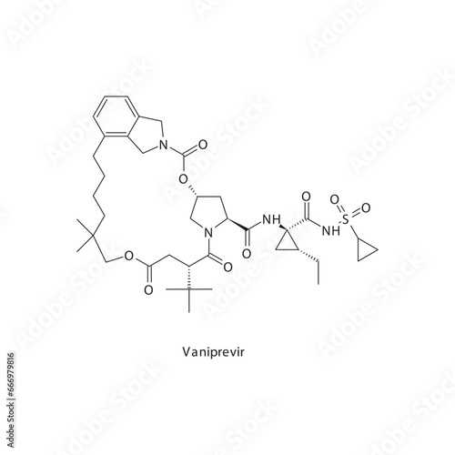 Vaniprevir  flat skeletal molecular structure Protease inhibitor antivral, NS3 4A drug used in Hepatitis C treatment. Vector illustration scientific diagram.