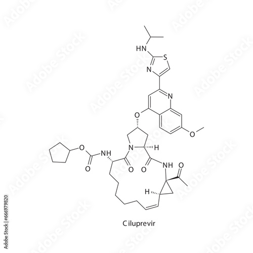 Ciluprevir flat skeletal molecular structure Protease inhibitor antivral, NS3 4A drug used in Hepatitis C treatment. Vector illustration scientific diagram.