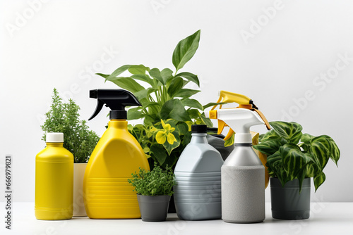 Disinfection, fertilizer and pesticide products isolated on white background, Protective respirator mask, pump pressure sprayer and spray bottles for gardening and housekeeping, aesthetic look
