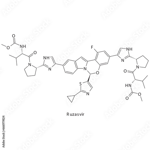 Ruzasvir flat skeletal molecular structure Protease inhibitor antivral, NS5A drug used in Hepatitis C treatment. Vector illustration scientific diagram.