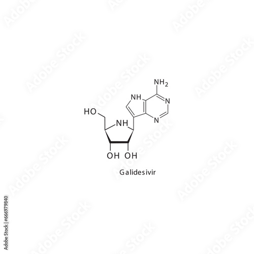 Galidesivir  flat skeletal molecular structure RNA polymerase inhibitor antiviral drug used in COVID 19 treatment. Vector illustration scientific diagram.