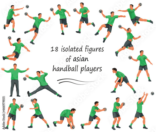 Figures of Asian handball players and goalkeepers team in green equipment in various poses  stances and motion training and playing  running  jumping  catching the ball