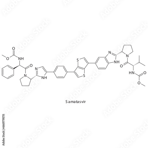 Samatasvir flat skeletal molecular structure Protease inhibitor antivral, NS5A drug used in Hepatitis C treatment. Vector illustration scientific diagram.