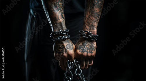 hands of a man in chains. Anti-slavery and illegal imprisonment concept .